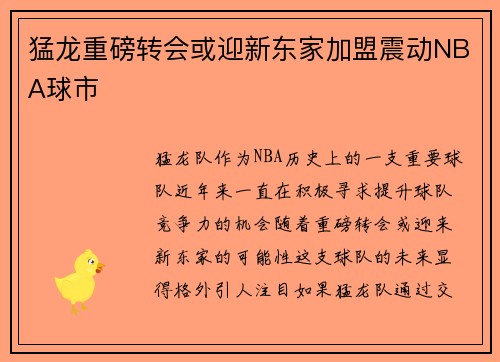 猛龙重磅转会或迎新东家加盟震动NBA球市
